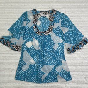 Trina Turk Size P or Small Blue Thin Mesh Tunic Blue‎ Wide Kimono Sleeves